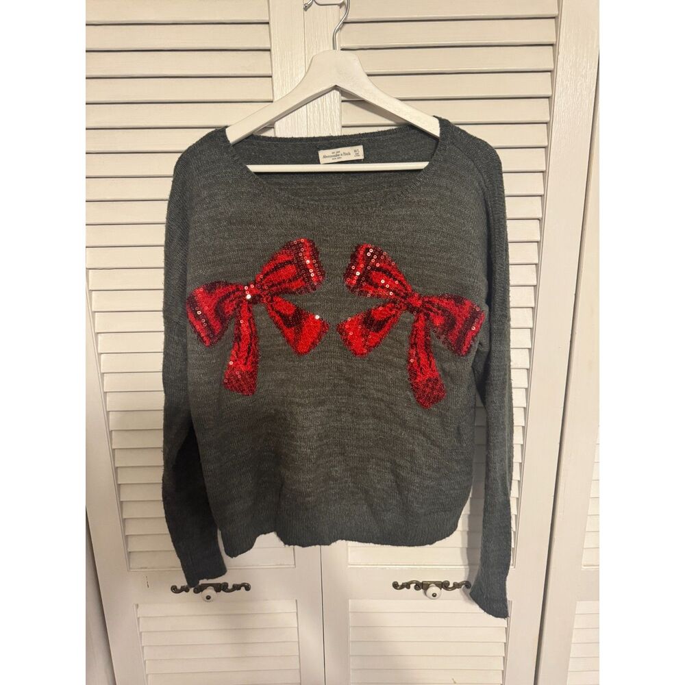 ABERCROMBIE & FITCH RED BOW HOLIDAY‎ GLAM SWEATER SZ M/L